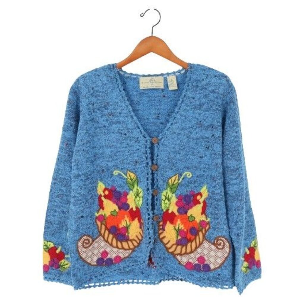 New Design Options Fall Thanksgiving Cornucopia Blue Cardigan Sweater M
